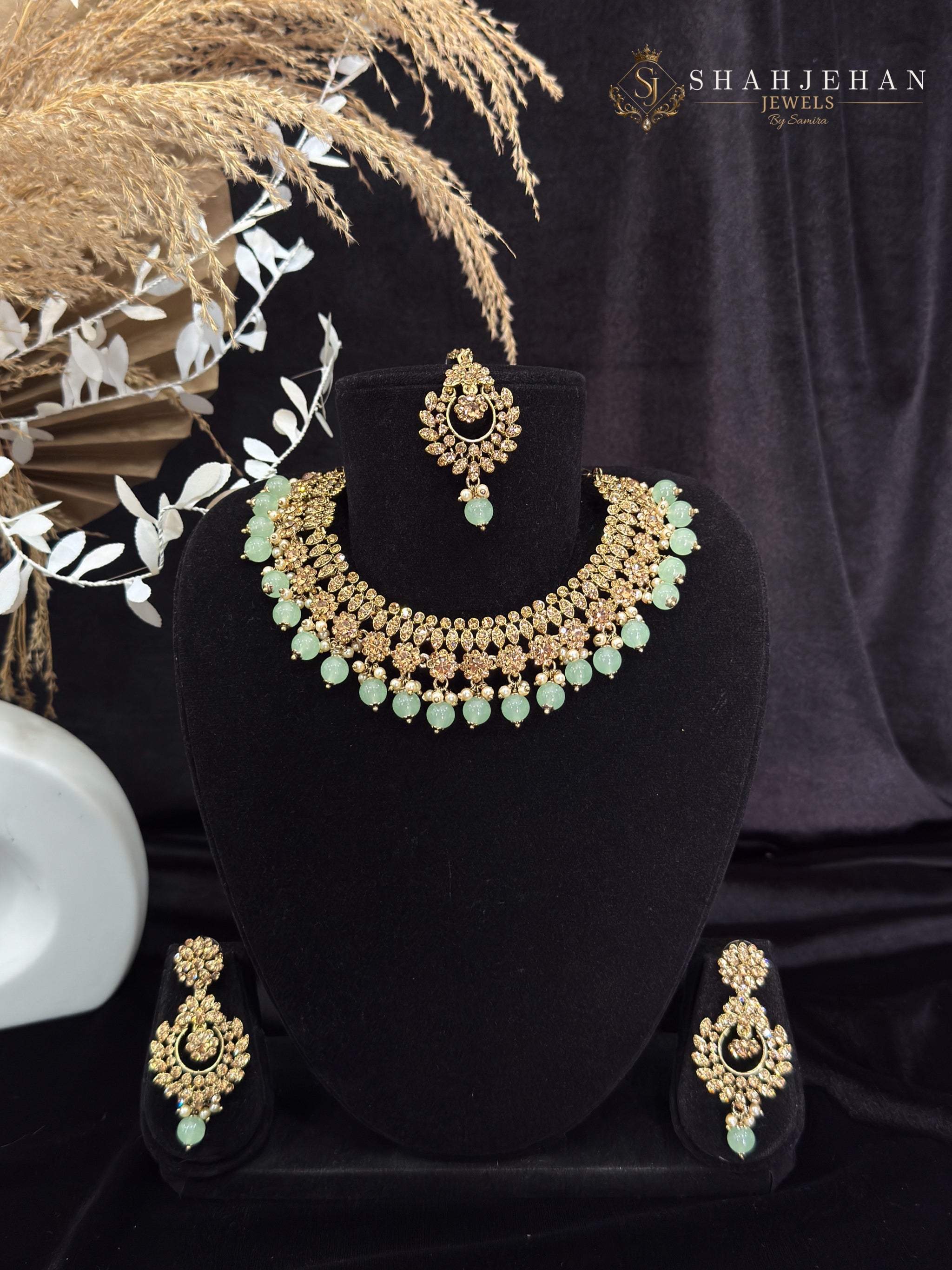 Elyra Mint Bridal Set – Necklace, Tikka & Earrings