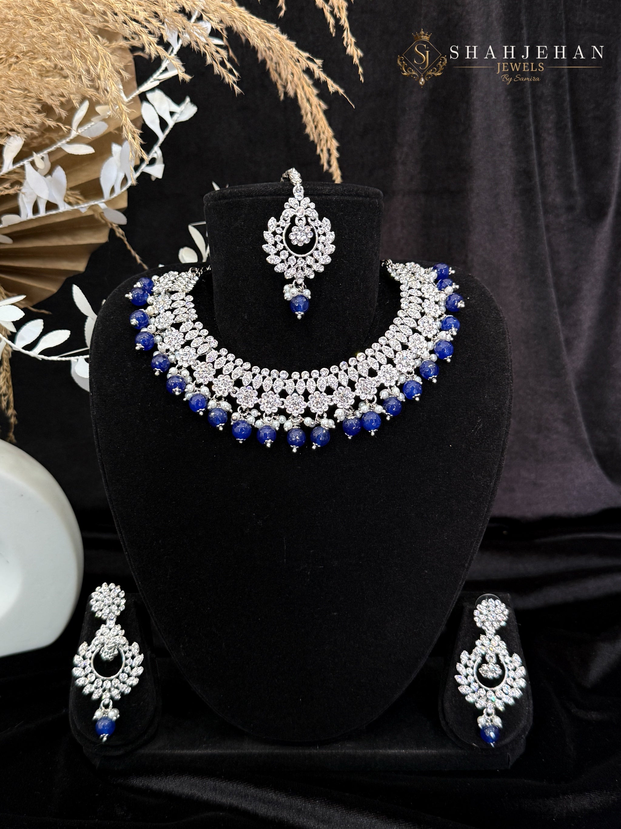 Zyvenor Blue Bridal Set – Necklace, Tikka & Earrings